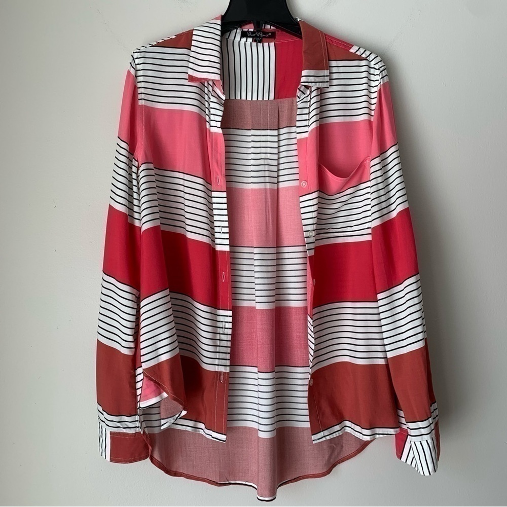 VELVET Heart white and pink Striped button down blouse long sleeve top Size L - Picture 3 of 10